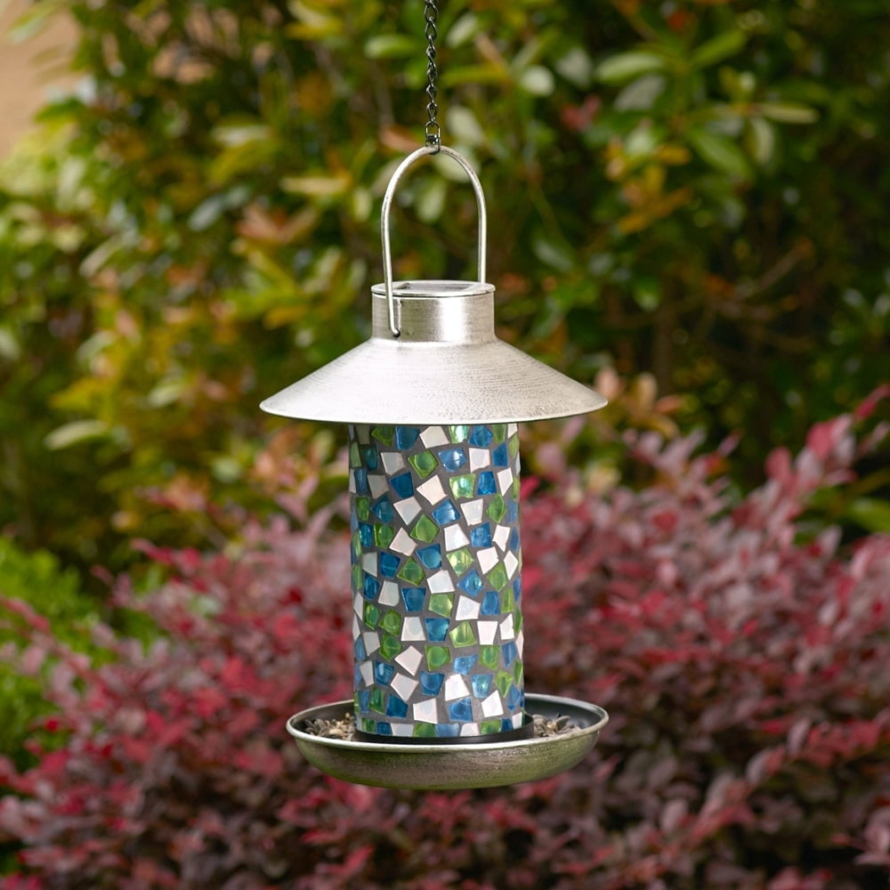Adelie Blue Mosaic Glass and Metal Hanging Bird Feeder with Solar Light