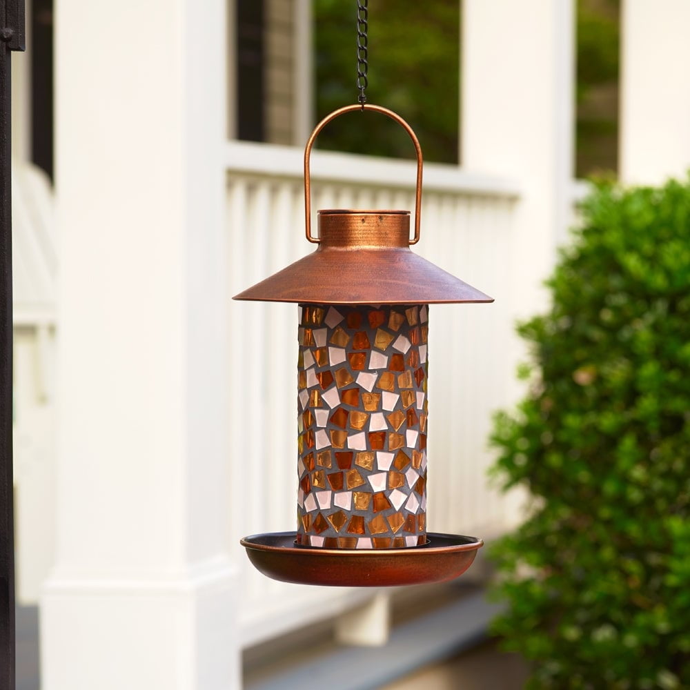 Adelie Mosaic Glass and Copper Hanging Solar Bird Feeder