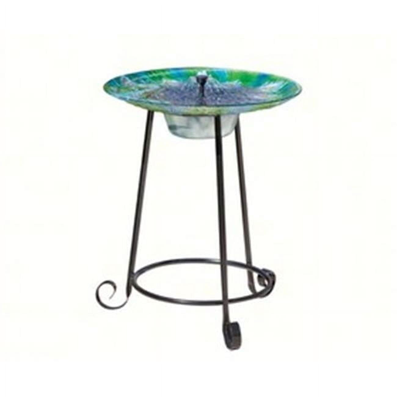 Hand-Painted Peacock Glass Solar Bird Bath with Metal Stand