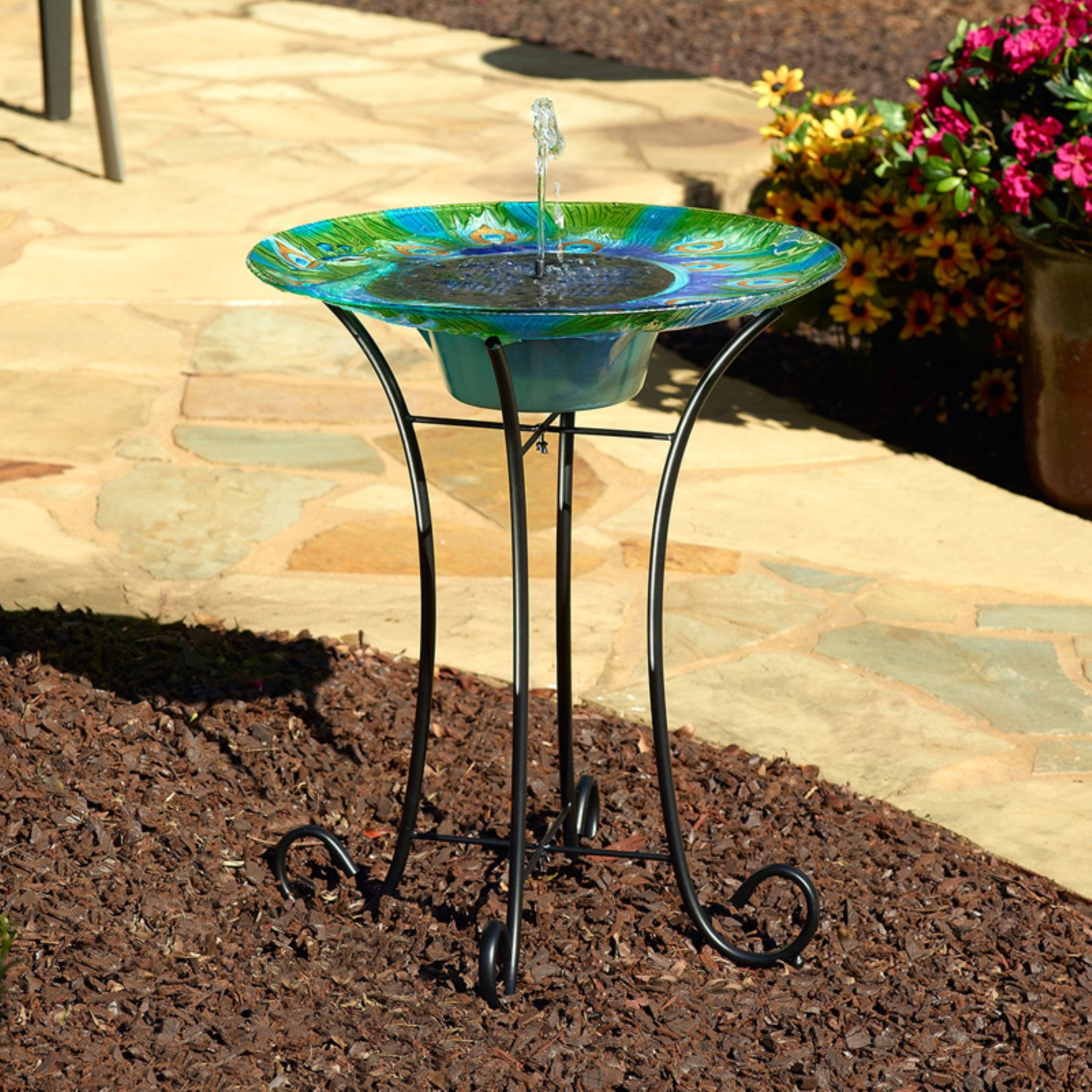 Hand-Painted Peacock Glass Solar Bird Bath with Metal Stand