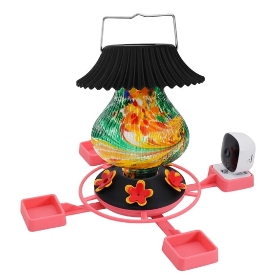Smart Solar Bird Feeder with 1080P HD Camera App Control and Colorful Stained Glass Lantern Design Three Feeding Trays for Garden Patio or Backyard Wildlife Watching