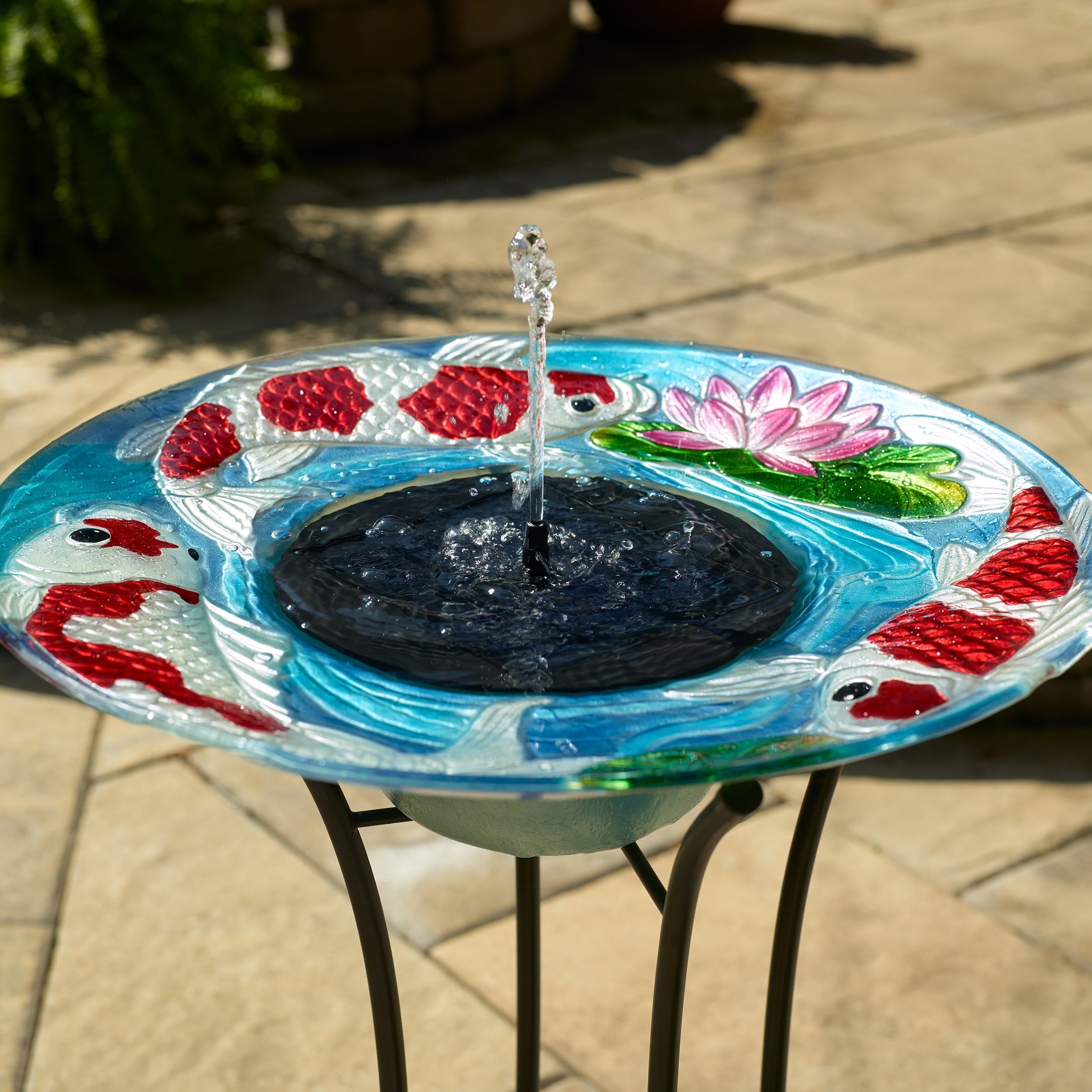 Hand-Painted Glass Koi Solar Birdbath with Steel Stand
