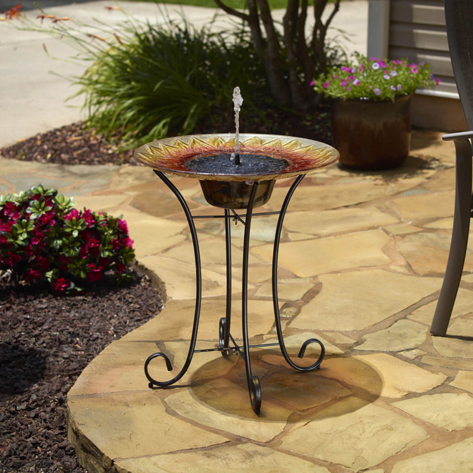 Sunflower Hand-Painted Glass Solar Bird Bath with Steel Stand