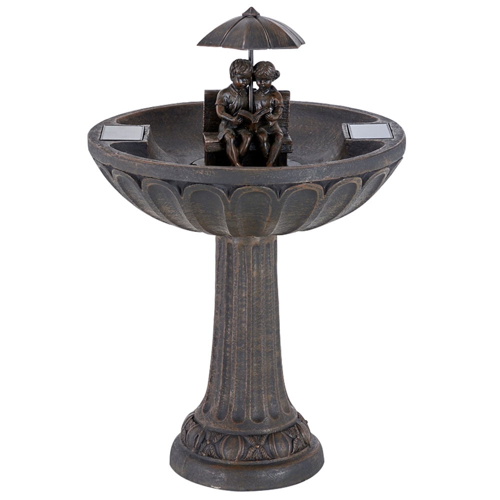 Aged Bronze Solar Powered Fountain with Boy and Girl Reading