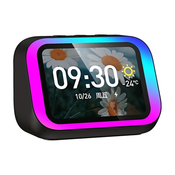 Smart Speaker Alarm Clock with 4" TFT Screen, Wireless Charging, RGB Lights, Hi-Fi Stereo, AI Voice Assistant, Weather & Alexa for Bedroom