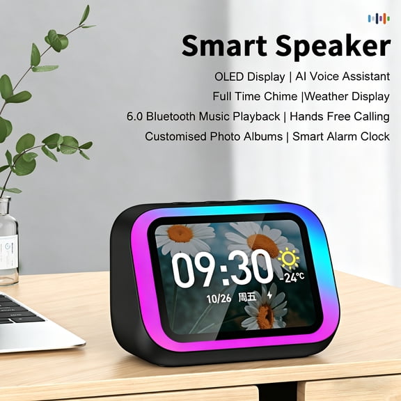 Smart Speaker Alarm Clock with OLED Display, Bluetooth Speaker RGB Light for Bedside