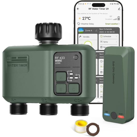 Smart Sprinkler Timer 3 Zone for Garden Hose, WiFi Water Timer with 984ft RF Range, Smart Lawn Watering System Irrigation Controller, APP/Voice Control, Rain Delay, Automatic/Manual Irrigation