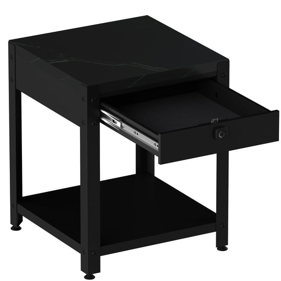 Smart Square Double-Layer Coffee Table: Black & White Marble Pattern, Hidden Compartment with Fingerprint Lock, Durable Steel, 19.29"x15.74"x15.74", Modern Living Room & Apartment Furniture