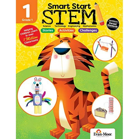 Pre-Owned Evan-Moor Smart Start STEM Workbook, Grade 1, Science, Technology, Engineering, Math, Hands On Activities, Problem Solving, Critical Thinking, Fine Motor Skills, Sequencing, Animals, Homesc