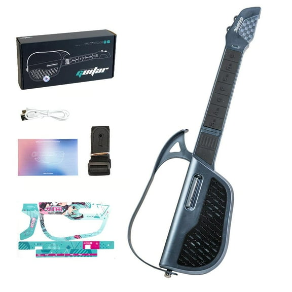 Smart Stringless Guitar for Beginners, Interactive Electronic Music Toy with Chord Buttons & Note Keys, Foldable USB Rechargeable Musical Instrument for Ages 3+