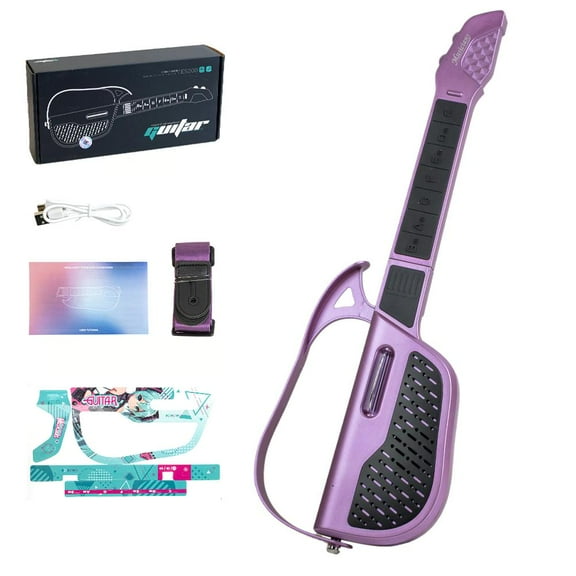 Smart Stringless Guitar for Beginners, Interactive Electronic Music Toy with Chord Buttons & Note Keys, Foldable USB Rechargeable Musical Instrument for Ages 3+