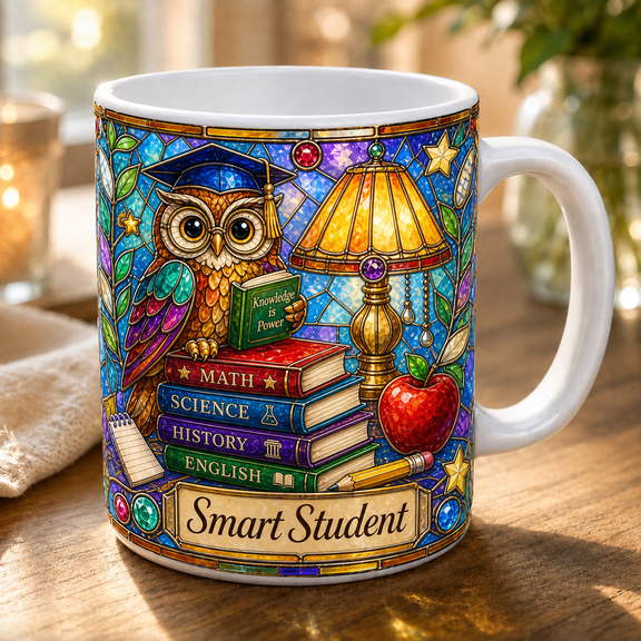 Smart Student Mug, Stained Glass Owl Coffee Cup, Back to School Gift for Students