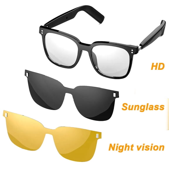 Smart Sunglasses HD Night Vision Glasses [Three Lenses], Wireless Bluetooth Earphone Open Ear Headphone for Call Music, Smart Audio Wearables Headset