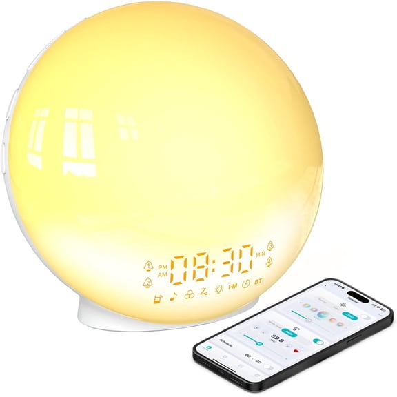 Smart Sunrise Alarm Clock with No Signup APP Control & Wake-Up Light 4 Alarms White Noise FM Radio Wireless Speaker White