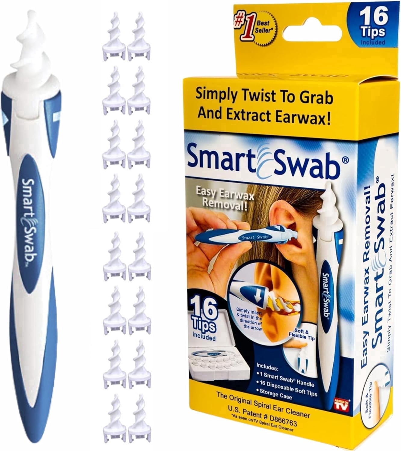 Smart Swab Ear Cleaner, Original Patented Spiral Ear Wax Removal Kit with Safety Base, 16 Soft Silicone Tips and Storage Case