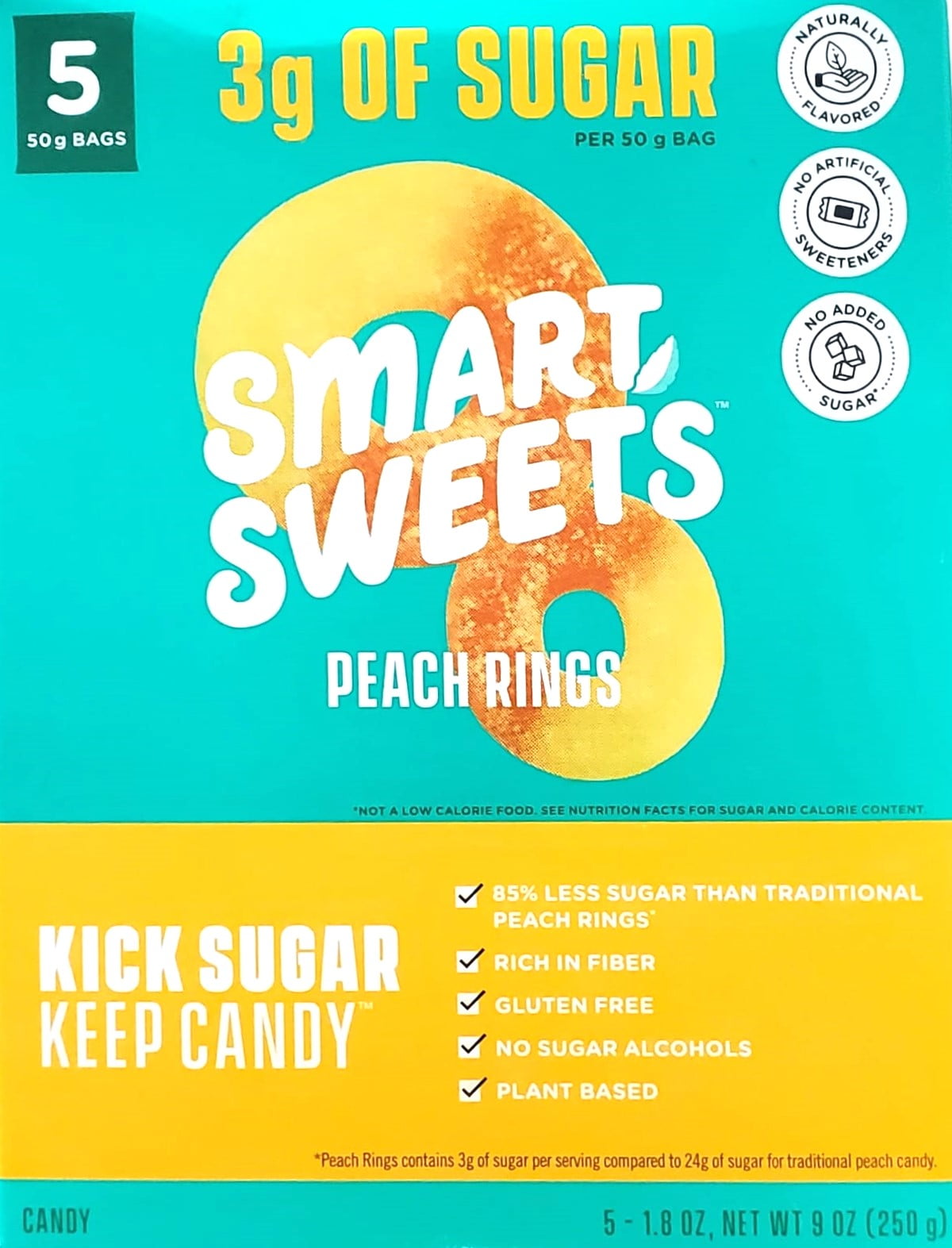 Smart Sweets Peach Rings, Low Sugar Gummy Candy (5 1.8 Ounce Bags)