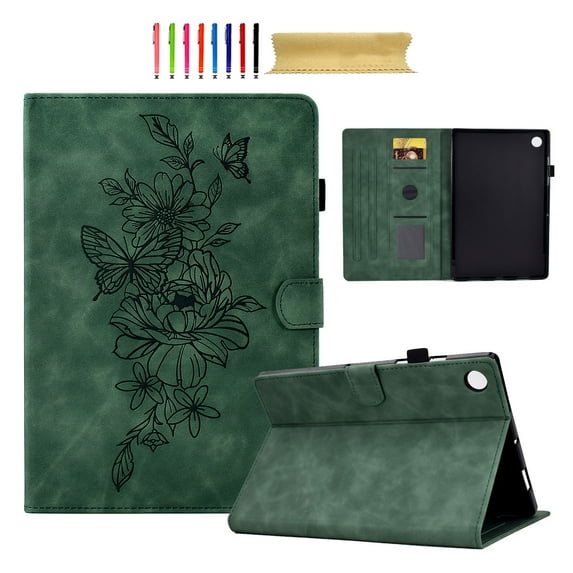 Smart Tablet Case for Samsung Galaxy Tab A9 Plus 11.0" 2023 Book Style Flip Cover, Flower Pattern Luxury PU Leather Kickstand Magnetic Clasp Auto Sleep/Wake Shockproof Case, Green