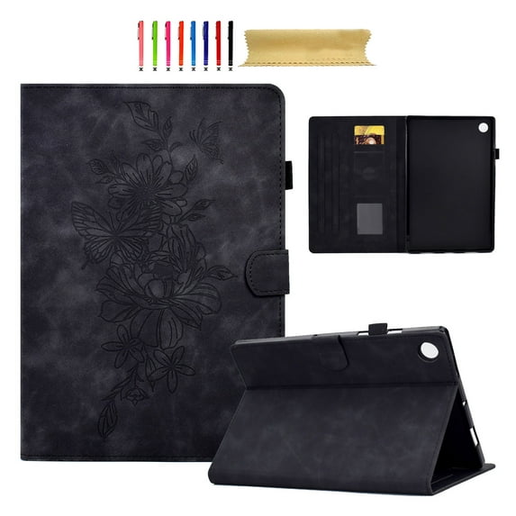 Smart Tablet Case for Samsung Galaxy Tab A9 Plus 11.0" 2023 Book Style Flip Cover, Flower Pattern Luxury PU Leather Kickstand Magnetic Clasp Auto Sleep/Wake Shockproof Case, Black