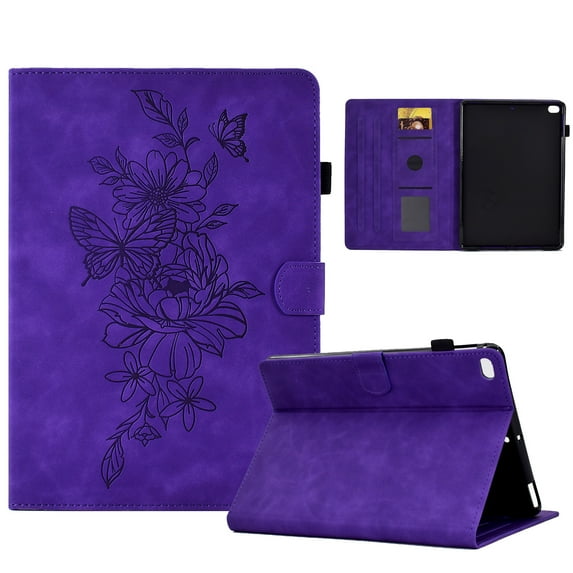 Smart Tablet Case for iPad 5th/6th Gen (9.7", 2017/2018), iPad Air/Air 2/iPad Pro 9.7 Book Style Flip Cover, Flower Pattern PU Leather Stand Magnetic Auto Sleep/Wake Shockproof Case, Purple