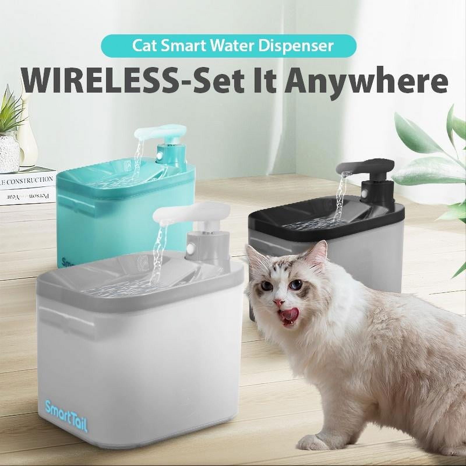 Smart Tail Cat Water Fountain, Wireless Cat Fountain for Drinking- 74.4oz/2.2L Battery Operated Quiet Cat Water Bowl Dispenser for Cats, Dogs, Multiple Pets (Gary)