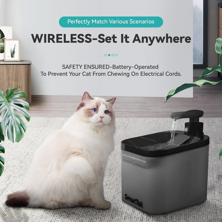 Smart Tail Cat Water Fountain, Wireless Cat Fountain for Drinking-  74.4oz/2.2L Battery Operated Quiet Cat Water Bowl Dispenser for Cats, Dogs,  ...