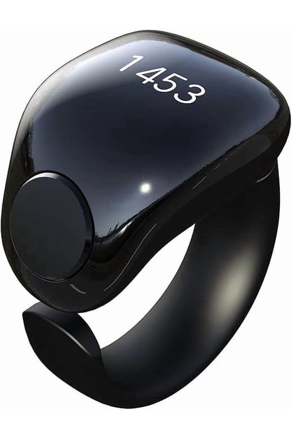 Smart Tasbih Zikr Ring with Clock, Adjustable Digital Prayer Counter, 2 Sizes (18mm & 20mm), APP Connected Prayer Reminder, Waterproof 4-Digit Finger Zikr Counter Ring for Muslims Black