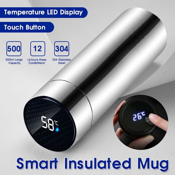 Smart Thermo Cup LCD Screen Display Temperature 17 Oz Portable Stainless Steel Vacuum Flask, Wide Mouth, Long-lasting Insulation