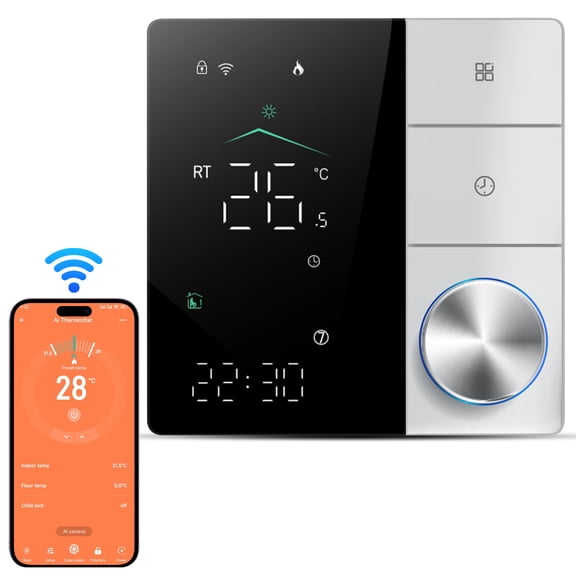 Smart Thermostat for House Electric Floor Heating WiFi Programmable Digital AC Temperature Control Unit with LED Touch Screen and Adjustable Knob Dual System 3.5x3.5 inches / 8.8x8.8 cm