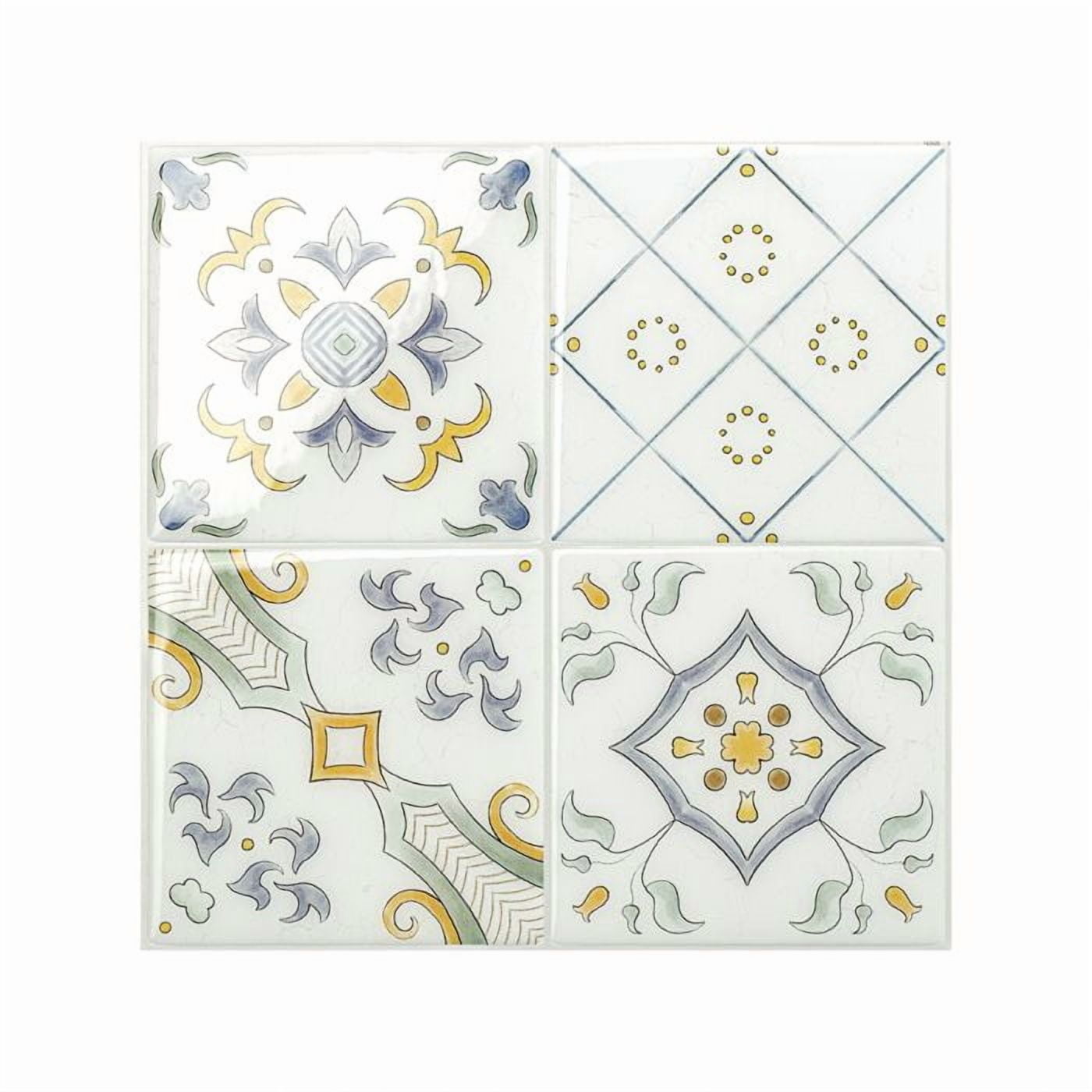 Smart Tiles Peel and Stick Backsplash, 5 Adhesive Tiles, Vintage Blue/Yellow/White, 9"x9"