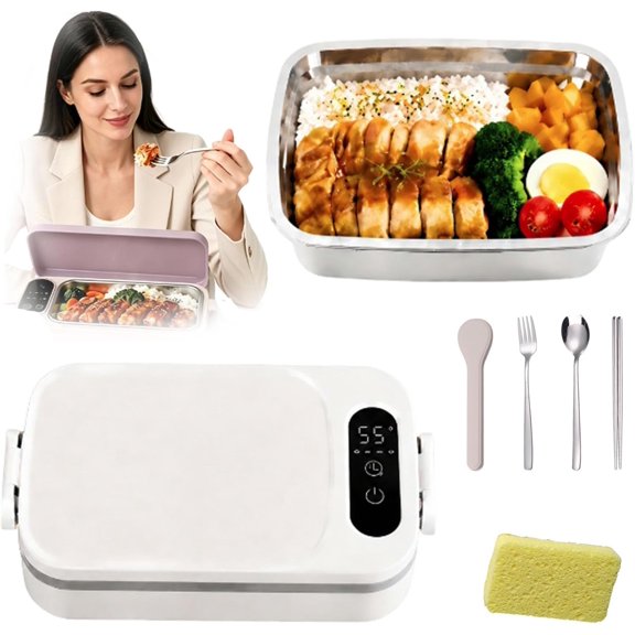 Smart Timer & Large Capacity Portable Electric Lunch Box, Wireless Self-Heating Bento Box with 12000mAh, Adjustable Temperature & 304 Stainless Steel Container
