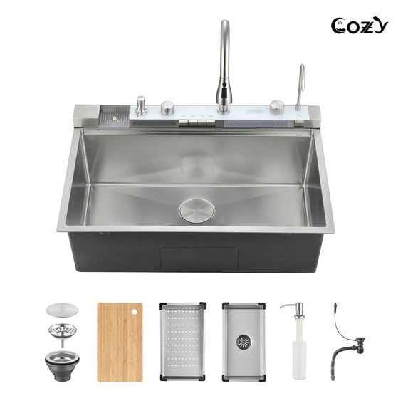 33″×22″ Stainless Steel Single Bowl Kitchen Sink, Brushed Waterfall Workstation with Flying-Rain Faucet, Sprayhead, Cup Washer, 1 pack, SS-BR06-332212