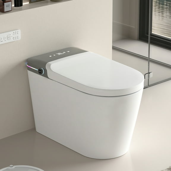 Smart Toilet, Bidet Toilet with Remote Control, Electric Tankless Toilet with LED Display, Aromatherapy System, Warm Water And Dry, Off Seat and Foot Sensor Flush, White