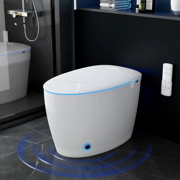 Smart Toilet with Built-In Bidet, One Piece Toilet with Auto Open/Close Lid, Dual Flush, Hip & Female Clean, Foam Shield, Heated Seat, Foot Sensor Flush, Instant Warm Water, Dryer, Night Light