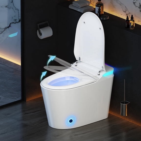 Smart Toilet with Built-In Bidet, Warm Water Sprayer and Dryer, Tankless One-Piece Electric Toilet with Heated Seat, Foot Sensor Operation,Blackout Flush.