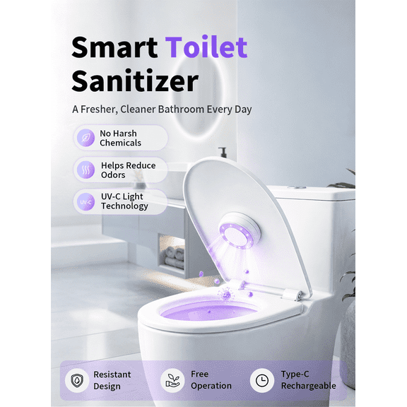 Smart Toilet UV-C Sanitizing &Odor-Control System Motion-Activated, Chemical-Free Automatic Deodorizer with Safety Sensor & Long-Life Rechargeable Battery
