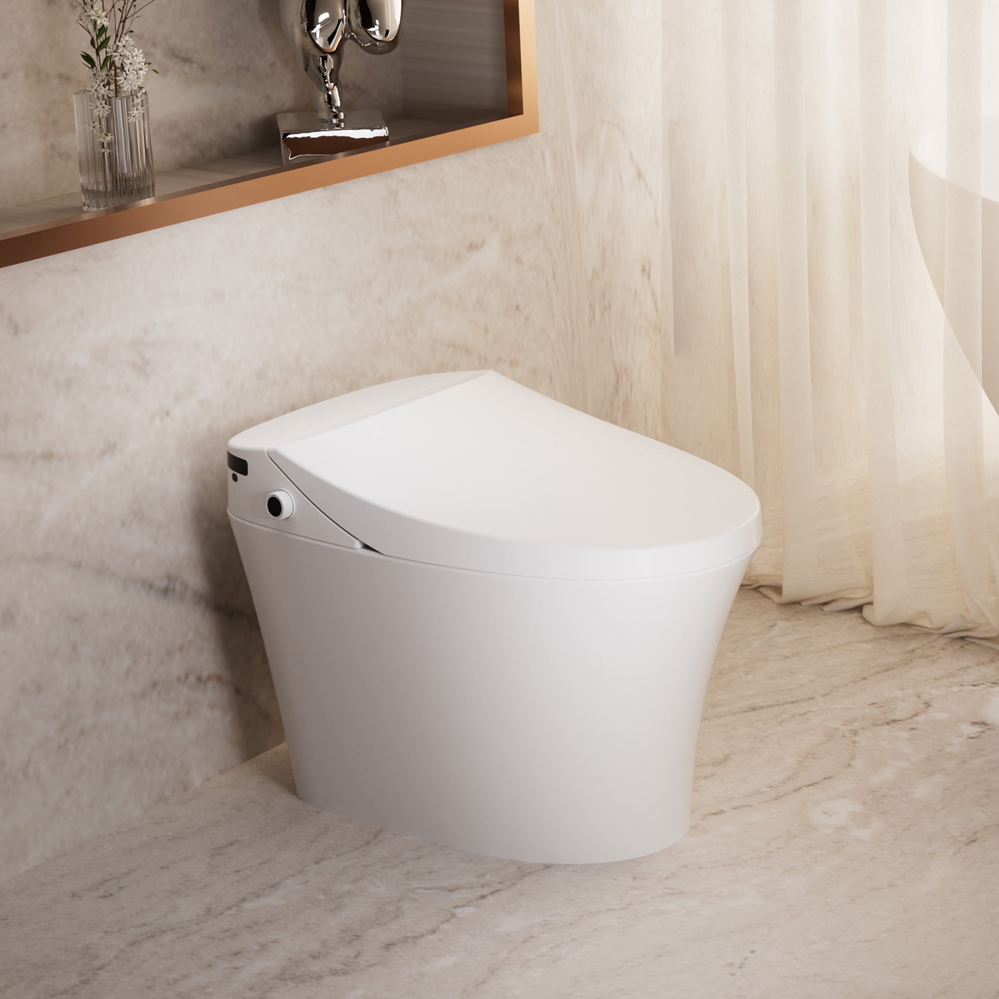 White Ceramic Elongated One-Piece Smart Toilet with Heated Seat