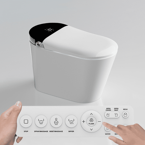 Smart Toilet with Auto Flush, Heated Seat, Bidet Wash, Foot Sensor, Warm Water & Dryer
