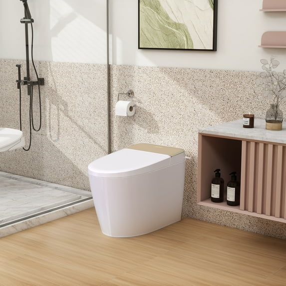 Smart Toilet with Automatic Open/Close Lid and Built-in Bidet Seat, Heated Seat, Foot Sensor, Digital Display, Remote Control, LED Nightlight