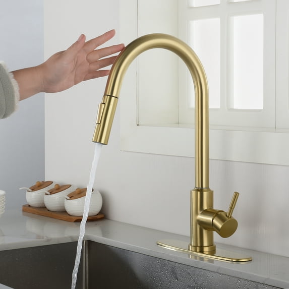 Smart Touch Faucet, MDHAND Touch Kitchen Faucets with Pull Down Sprayer, Hot & Cold Control Brushed Nickel Kitchen Sink Faucet with Brass Body, Single-Handle,Gold