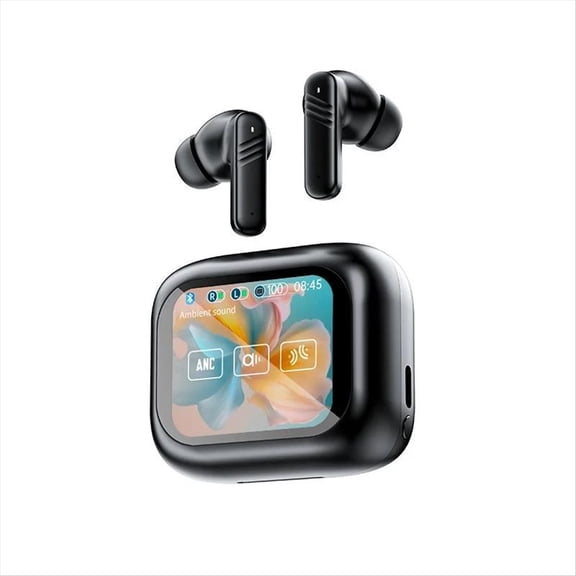 Smart Touch Screen Bluetooth Earbuds, ANC Active Noise reduction+ENC Call noise reduction Cancelling Headset with Wireless Charging Case, Waterproof Earphones Headset with Built-in Mic-Black