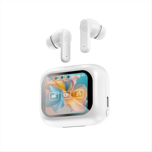 Smart Touch Screen Bluetooth Earbuds, ANC Active Noise reduction+ENC Call noise reduction Cancelling Headset with Wireless Charging Case, Waterproof Earphones Headset with Built-in Mic-White