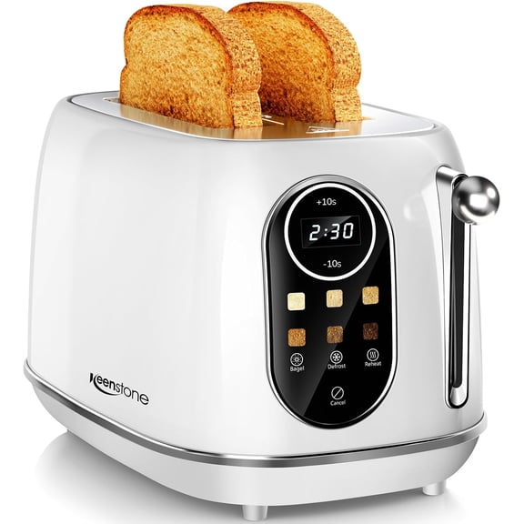 Smart Touch Screen Toaster 2 Slice, Retro Wide Slot Stainless Steel with 6 Browning Levels, Reheat & Defrost, for Bal, Toast, Bread, Removable Crumb Tray, White