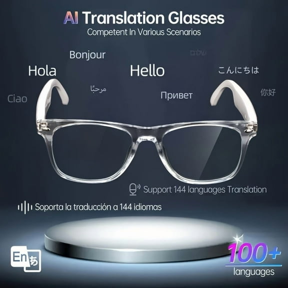 Smart Translation Glasses - 144 Languages, AI Voice Assistant, Blue Light & Polarized Lenses, Built-in Mic/Speaker - Compatible iOS/Android, USB Charging