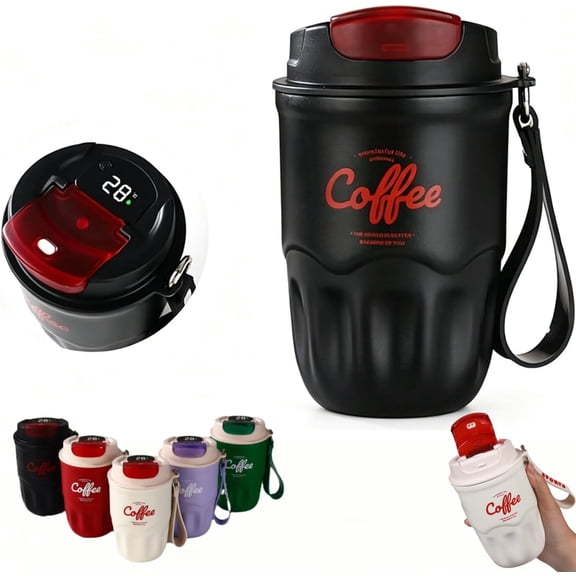 Smart Travel Coffee Mug with LED Temperature Display, 12oz Insulated Stainless Steel Vacuum Flask with Lanyard, Leakproof Portable Coffee Cup for Car, Office, Travel and Outdoor Use