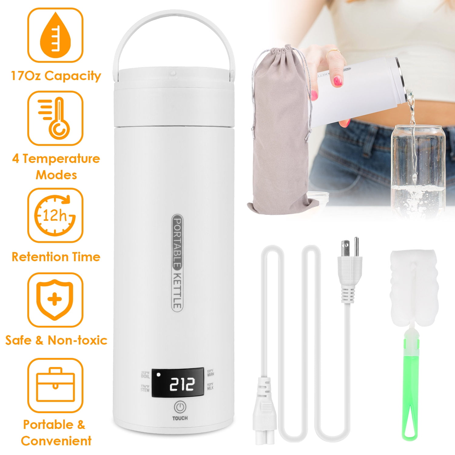 Smart Travel Kettle, 17Oz/500ml, Portable Tea Coffee Kettle, Stainless Steel Water Boiler with 4
