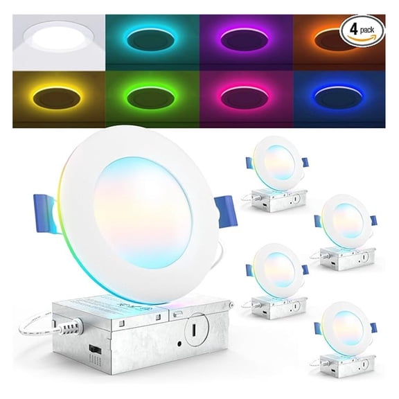 Smart Ultra Thin LED Recessed Ceiling Lights 4" 11W Tunable CCT Dimmable Canless Downlight w/Night Light 4-Pack