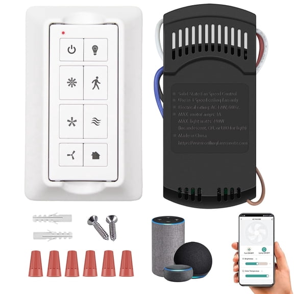 Smart Universal Ceiling Fan Remote Control Kit with Receiver, Fan Remote Wall Control with Light Dimmer, 3 Speeds, Time Delay, Compatible with Alexa, Google Assistant and Smart Life APP (White)