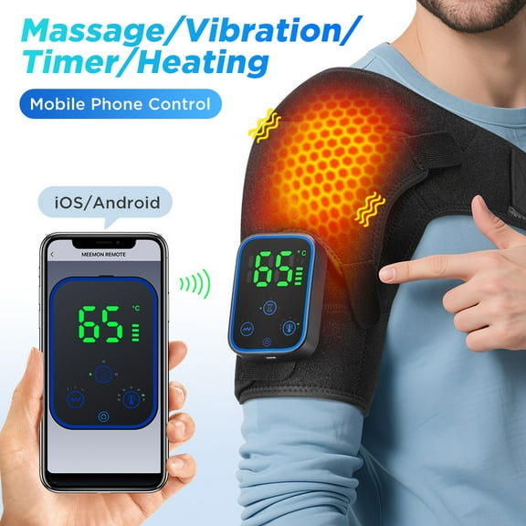 Smart Vibrating Heated Shoulder Wrap with Mobile App Control, Portable Support Brace with Adjustable Heat and Massage Levels for At-Home Relaxation, Black