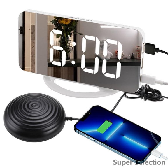 Smart Vibration Alarm Clock With USB Charger, LED Digital Display & One-Sided Mirror, Modern Bedside Desk Clock With Snooze Function, Adjustable Brightness
