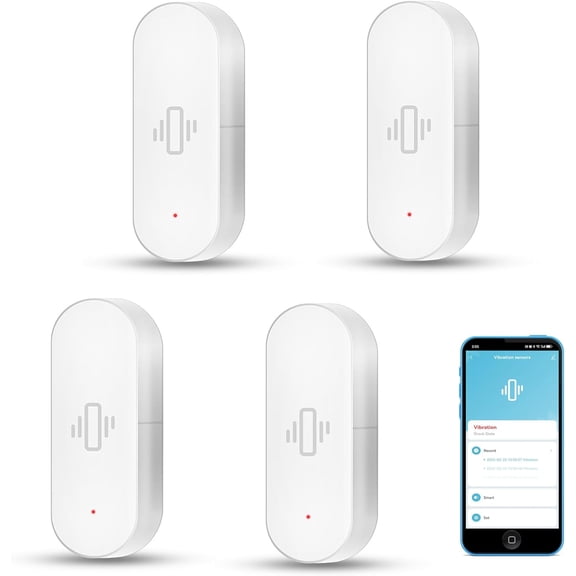 Smart Vibration Sensor: Wireless Glass Break Detector, WiFi Door Sensor with App Alerts, Adjustable Sensitivity, Glass Break Security Sensor for Alarm System and Smart Home Automation (4-Pack)